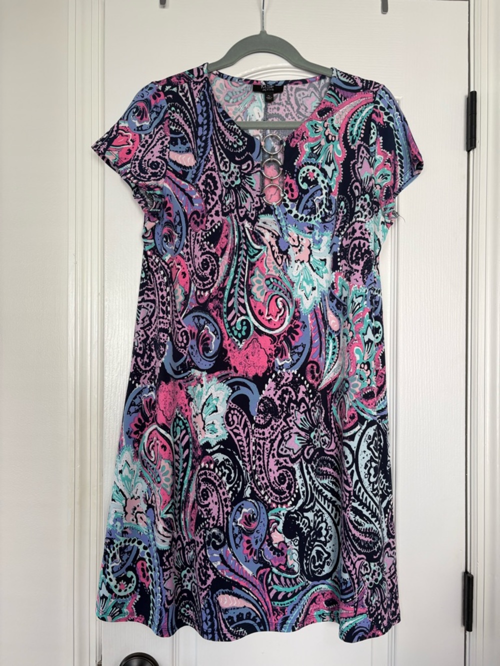 MSK Paisley Ring-Accent Short Sleeve Dress - Pink, Teal & Navy